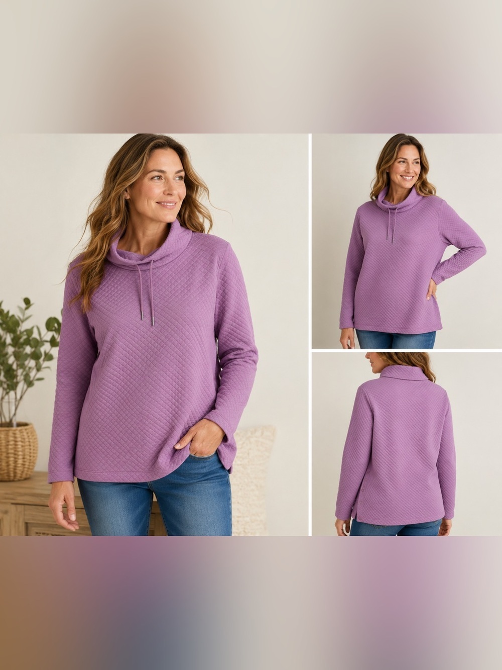 L.L.Bean Womenโs XL Quilted Pullover Sweatshirt Lavender Funnel Neck Snap Hem